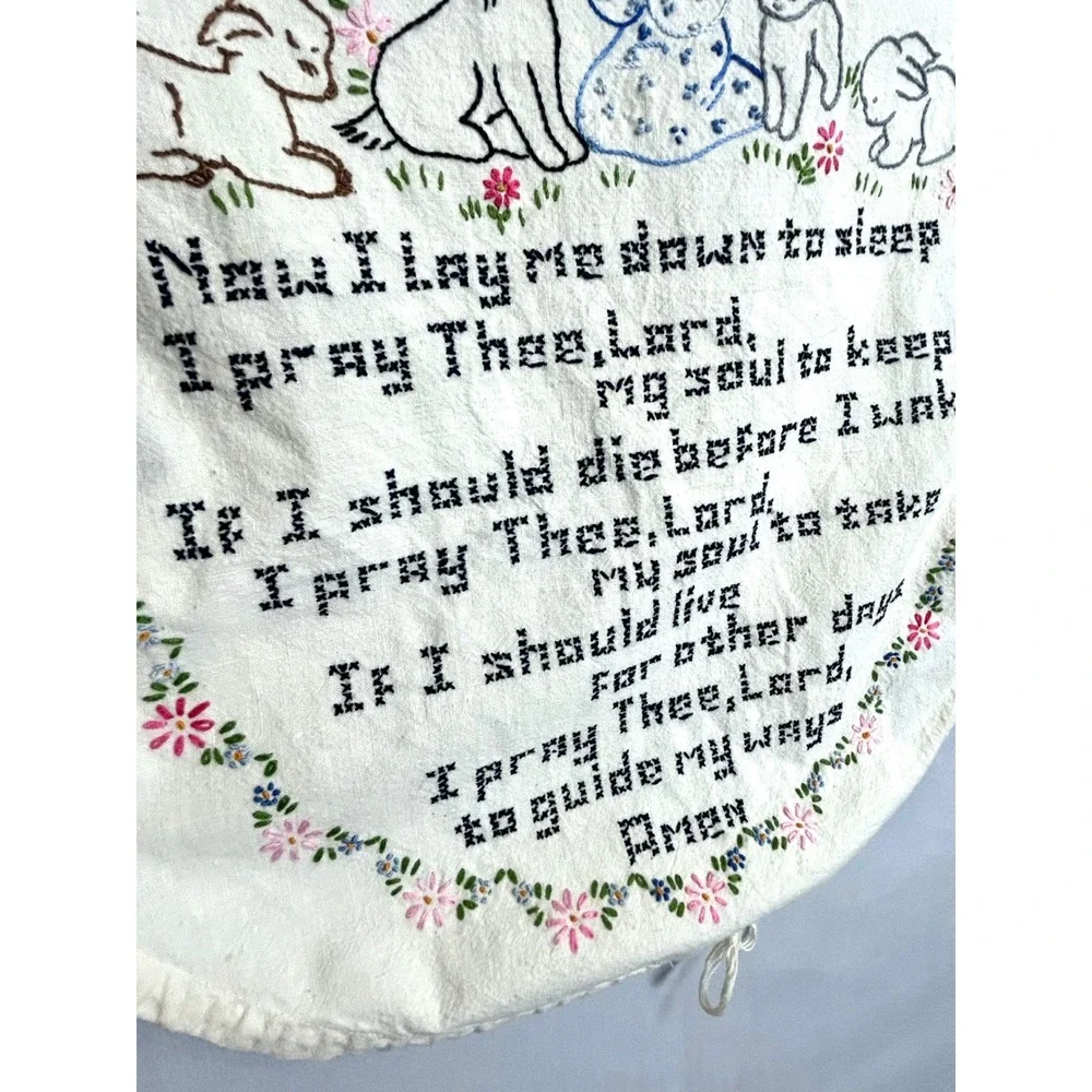 Vintage Hand Embroidered Now I Lay Me Down To Sleep Prayer Wall Hanging Nursery
